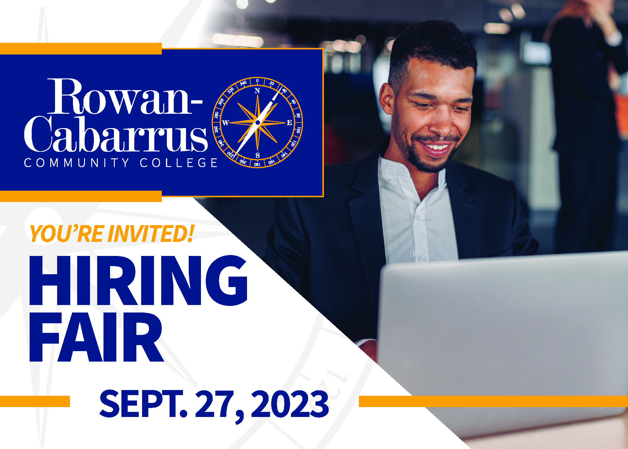 Man working on computer with Rowan-Cabarrus logo overlayed. Text reads You're Invited! Hiring Fair September 27, 2023