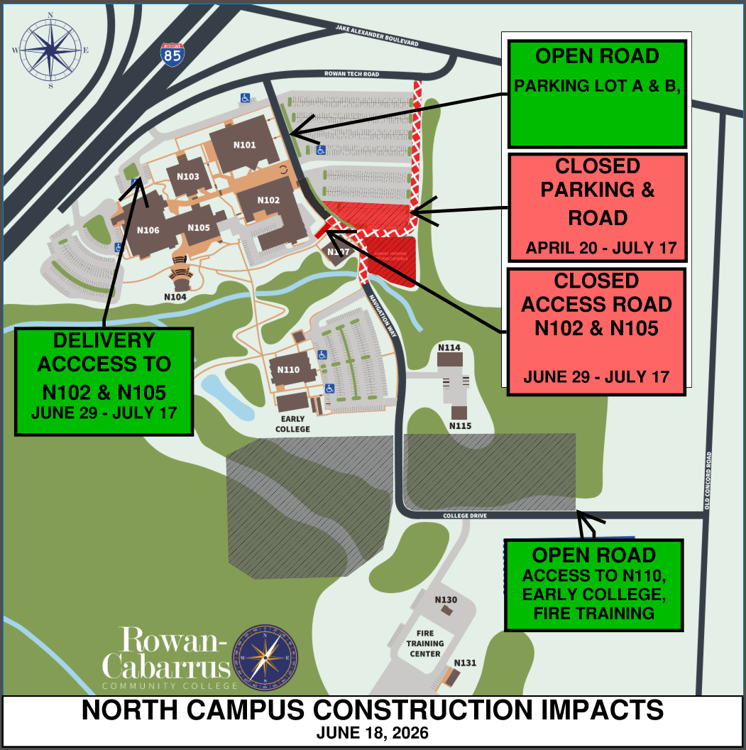  Map of North Campus showing temporary construction impacts, including closed roads and parking areas, open access routes and delivery access dates for select buildings through July 17, 2026.