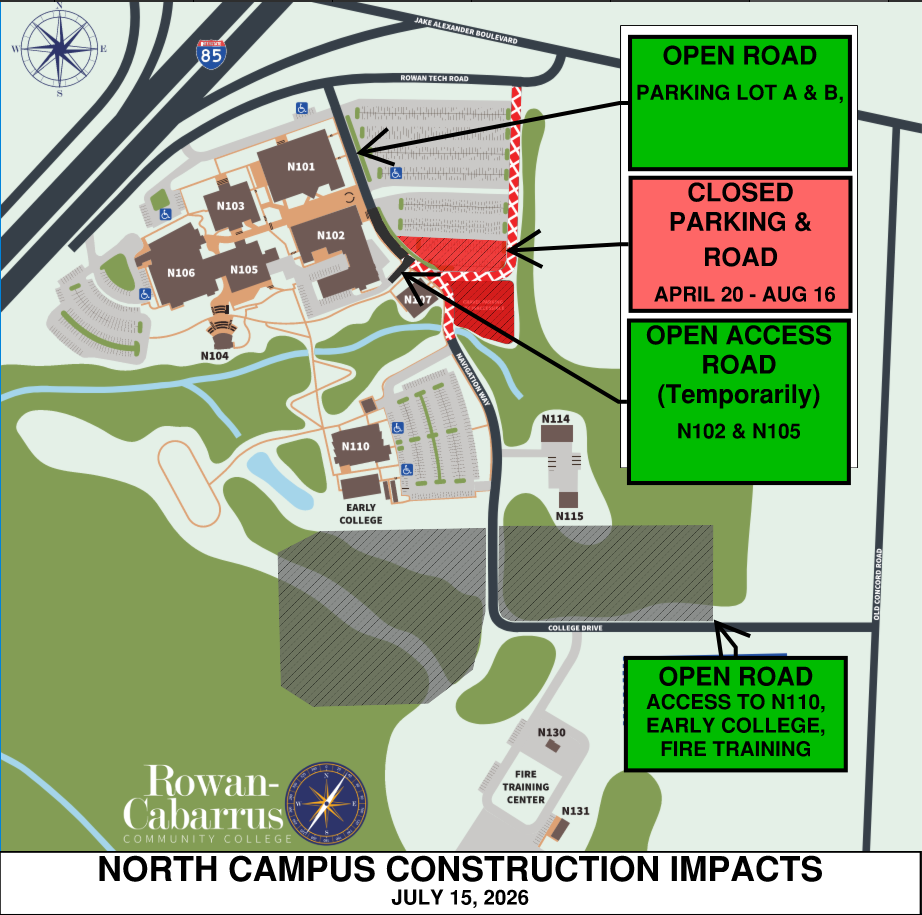  Map of North Campus showing temporary construction impacts, including closed roads and parking areas, open access routes and delivery access dates for select buildings through Aug 16, 2026.
