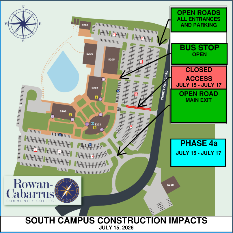 Map of Rowan-Cabarrus Community College South Campus dated June 29, 2026, showing multiple parking areas and buildings, with a red shaded section near Building S201 on the side closest to Building S203 marking a parking lot closed for repaving from June 30 to July 3, green labels indicating all north entrances and the main exit are open, and a note that the bus stop will be restored June 30 during Phase 3 construction.