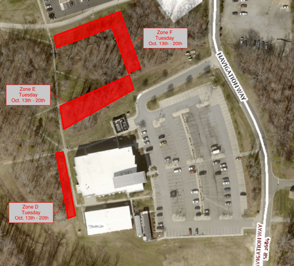 Campus map showing temporary sidewalk closures around Building N110. Three sidewalk segments are highlighted in red: the walkway west of Building N110 (Zone D), the sidewalk northwest of Building N110 connecting to the wooded pedestrian path (Zone E), and the sidewalk north of the building near Navigation Way (Zone F). All three sections are scheduled to be closed from October 13 through October 20.
