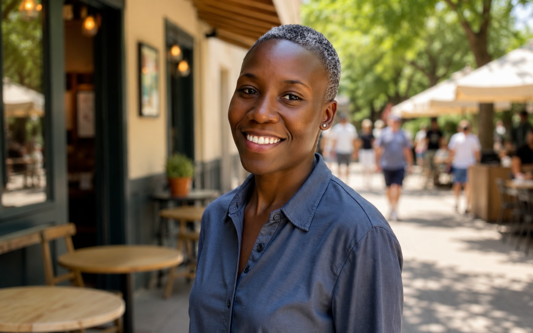 Tiffany Johnson in a navy blue button-down shirt smiling while standing outside on a sunny day in front of a cafe.