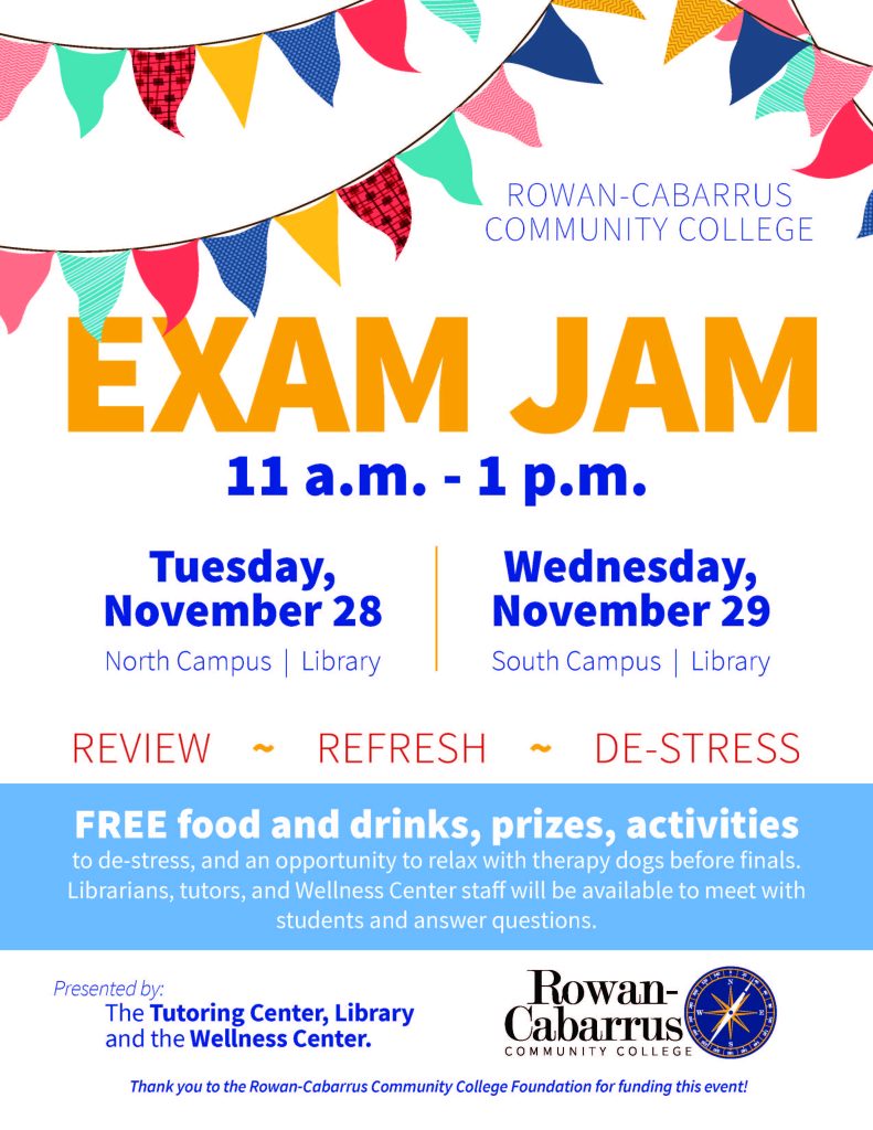 Exam Jam flyer with dates, locations, and description of the event.