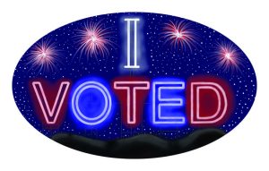 I Voted Sticker Design Selected For Rowan County featuring the text I Voted as red, white, and blue neon lights