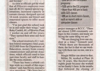 Newspaper article from Independent Tribune – Pillowtex closing changes community college
