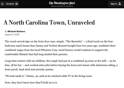 Newspaper article from The Washington Post – A North Carolina Town, Unraveled
