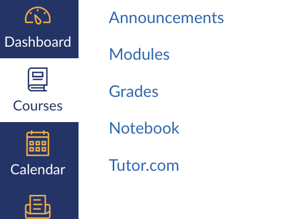 Screenshot of Canvas platform navigation menu, showing options like Announcements, Modules, Grades, Notebook and Tutor.com.